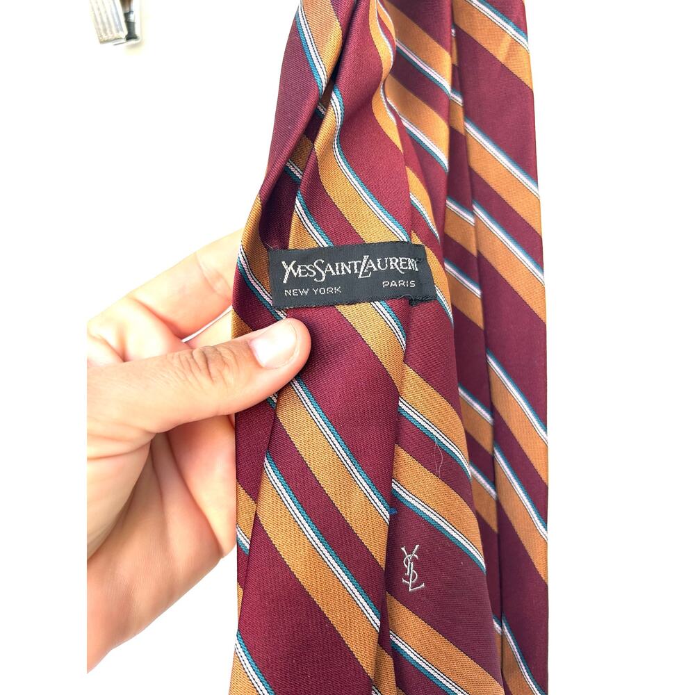 Yves Saint Laurent Cassandre YSL Logo Monogram Women’s Red Striped Tie Necktie - Picture 3 of 6